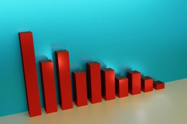 Mavi arkaplanda düşen sütunların kırmızı grafiği, iş dünyasındaki depresyon ve kriz kavramı, 3D görüntüleme 