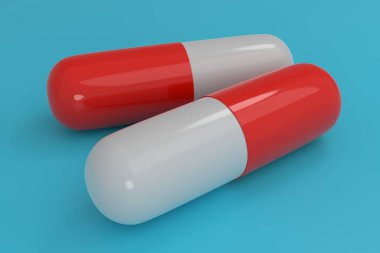 Açık mavi bir yüzey üzerinde tablet. Masada duran çok renkli beyaz-kırmızı renkli parlak hap. Tıbbi arka plan, üç boyutlu görüntüleme.