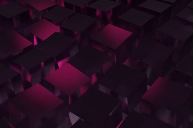 Küpler ve kareler üst görünümü ile soyut mor arkaplan, 3B oluşturma