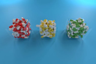 Tablet cam kutuda açık bir yüzey üzerinde, çok renkli beyaz-kırmızı, sarı, yeşil parlak hap masanın üzerinde, tıbbi arka plan, 3D görüntüleme