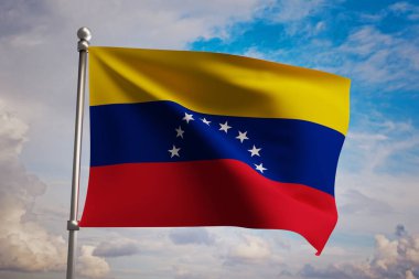 Venezuela bayrağı bulutlu mavi gökyüzüne karşı, 3 boyutlu