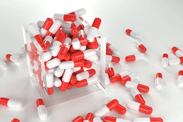 玻璃盒中的光面石碑 桌子上躺着多色的白红色光滑药丸 医疗背景 3D渲染 — 图库照片