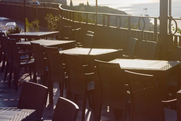 Black Plastic Chairs Tables Open Empty Restaurant Visitors Square Observation — Stock Photo, Image