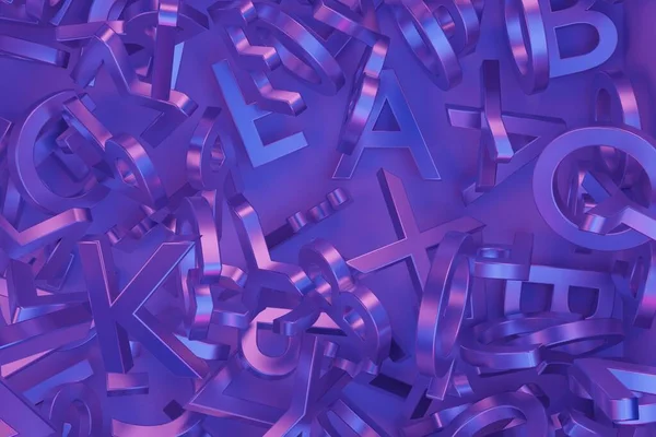 Montón Letras Tridimensionales Colores Fondo Tonos Azul Púrpura Representación Vista — Foto de Stock