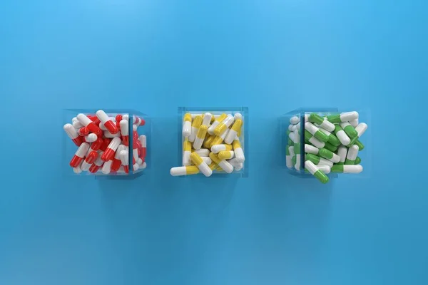 Tablette Auf Heller Oberfläche Glasbox Mehrfarbige Weiß Rote Gelbe Grüne — Stockfoto