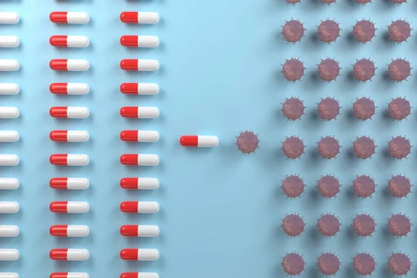 Vírus Gyógyszer Csata Két Sereg Tabletta Koronavírus Konceptuális Illusztráció Keresés — Stock Fotó