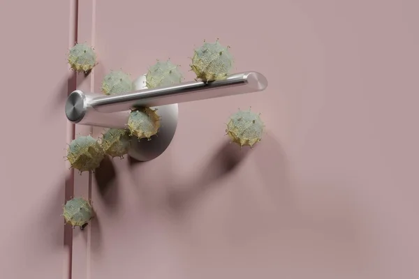 things and objects in everyday life and human life through which germs and viruses spread, door handle in an apartment in a room or house with hand and finger with 3d rendering virus