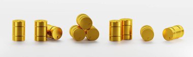 Altın parıltılı yağ varili seti, 3D görüntüleme, dipnot veya başlık için geniş soyut iş arka planı