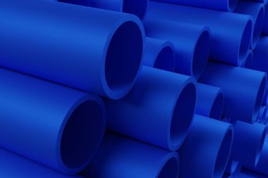 Plastik veya polipropilen veya polietilen mavi borular, bir yığın yuvarlak beyaz profil, teknolojik endüstriyel arkaplan, 3D görüntüleme
