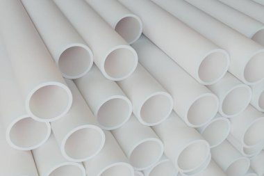 Plastik veya polipropilen veya polietilen borular, bir yığın yuvarlak beyaz profil, teknolojik endüstriyel arkaplan, 3D görüntüleme