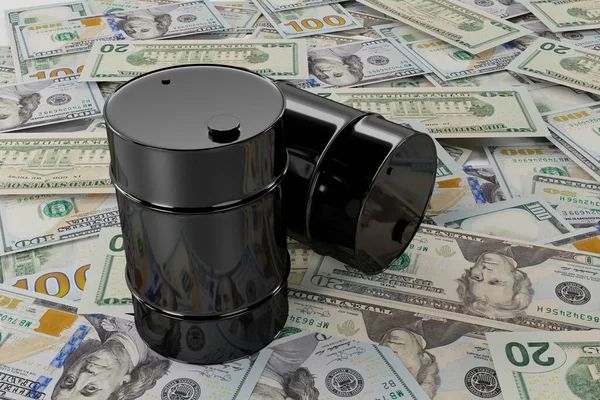 Två Blanka Svarta Fat Olja Stor Hög Amerikanska Dollar Begreppet — Stockfoto
