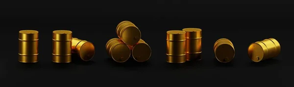 Set of Golden glossy oil barrel, 3D rendering, wide abstract business background for footer or header on site