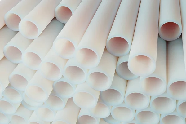 Plastic or polypropylene or polyethylene pipes, stack of round white profiles, technological industrial background, 3D rendering