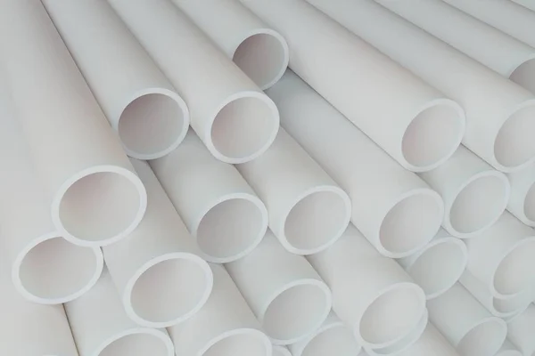 Plastic or polypropylene or polyethylene pipes, stack of round white profiles, technological industrial background, 3D rendering