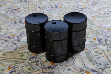 Büyük bir yığın Amerikan doları üzerinde üç parlak siyah varil petrol, Brent 'in yüksek uçuculuk kavramı, wti, urals notları emtia piyasalarında 3D