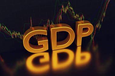 GDP - Gross Domestic Product sign in gold letters on the background of a chart of oil from the Forex market with Japanese candlesticks with reflection, 3D rendering clipart