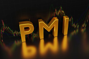 Purchasing Managers Indexes - pmi  sign in gold letters on the background of a chart of oil from the Forex market with Japanese candlesticks with reflection, 3D rendering clipart