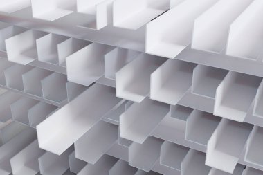 Hafif arkaplanda plastik beyaz köşeler, inşaat için soyut sanayi illüstrasyonu, yığında plastik, 3D görüntüleme