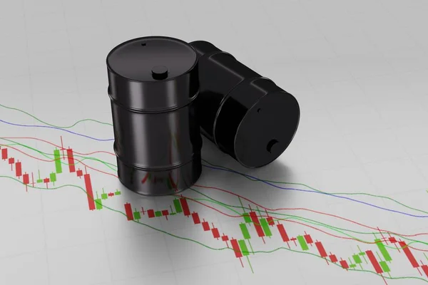 Черный Баррель Нефти Фоне Форекс Графика Японскими Свечами Марки Brent — стоковое фото