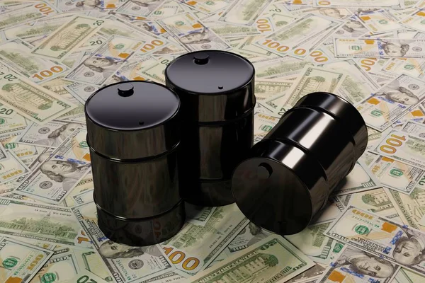 Three glossy black barrels of oil on a large pile of American dollars, the concept of high volatility of Brent, wti, urals grades in the commodity markets 3D rendering