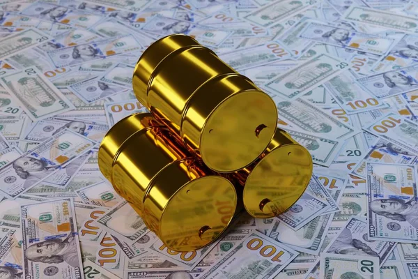Tre Barili Oro Lucido Petrolio Una Grande Pila Dollari Americani — Foto Stock