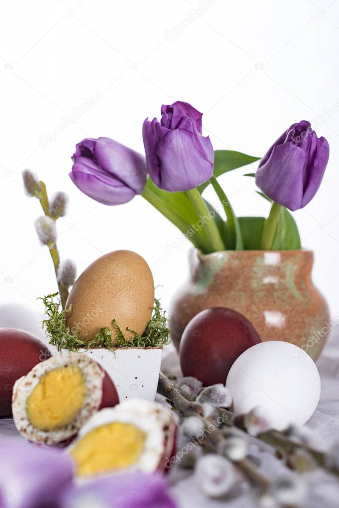 Easter Eggs with flower and willow twigs. 