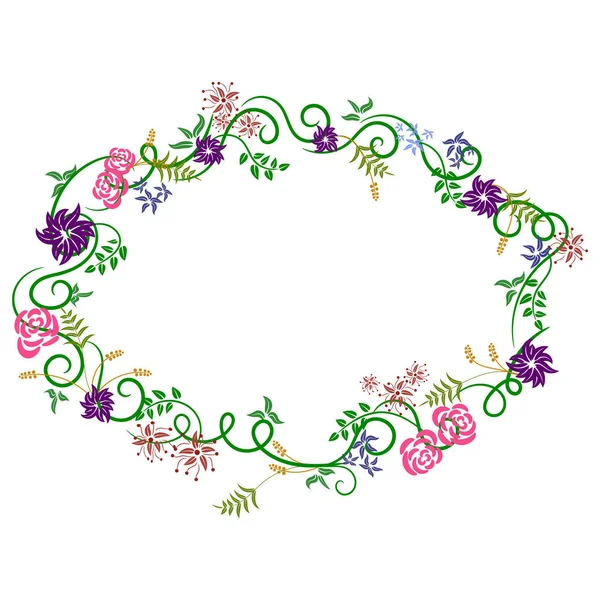 Цветочный Луг Цветов Листьев Завитков Виде Рамы Дизайна — стоковый вектор