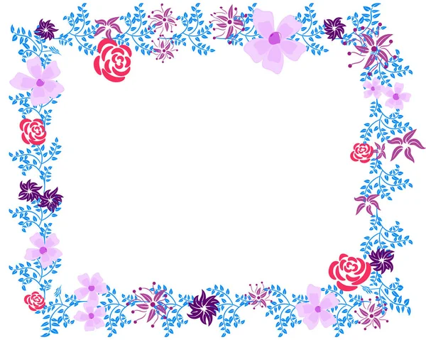 Rahmen Mit Blumen Mit Blauem Abstraktem Laub Rosen Und Astern — Stockvektor