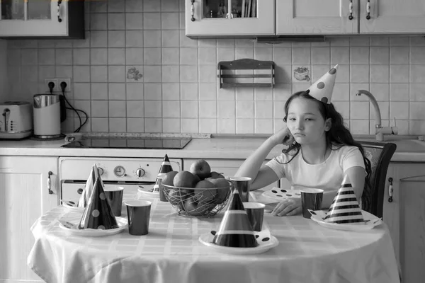 Girl Festive Cap Sits Table Alone Her Birthday Depression Lack — Stock Photo, Image