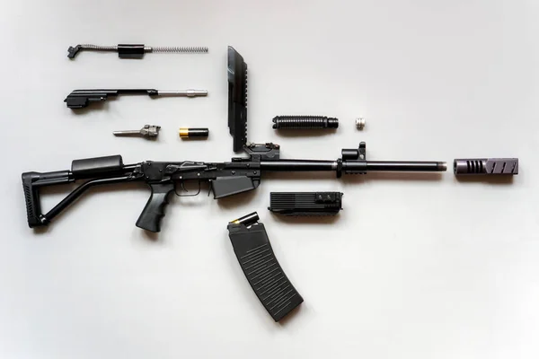 Ametralladora Desmontada Sobre Fondo Gris Aislado Detalles Las Armas Fuego —  Fotos de Stock