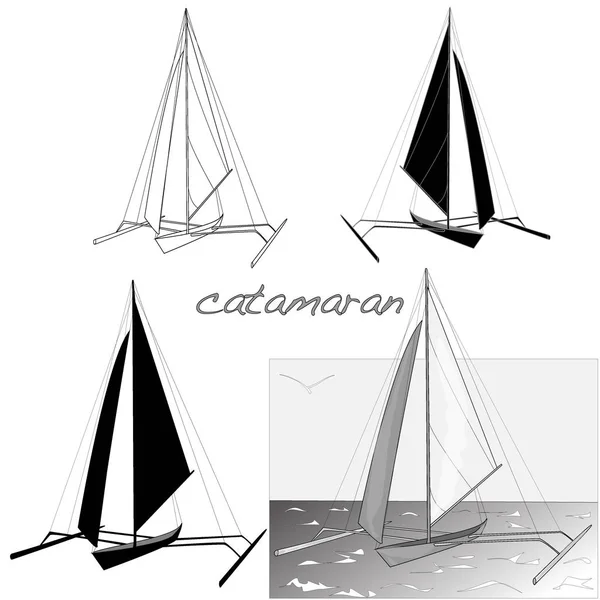 Katamaran-Boot Silhouetten Illustration isoliert auf weiß. — Stockfoto