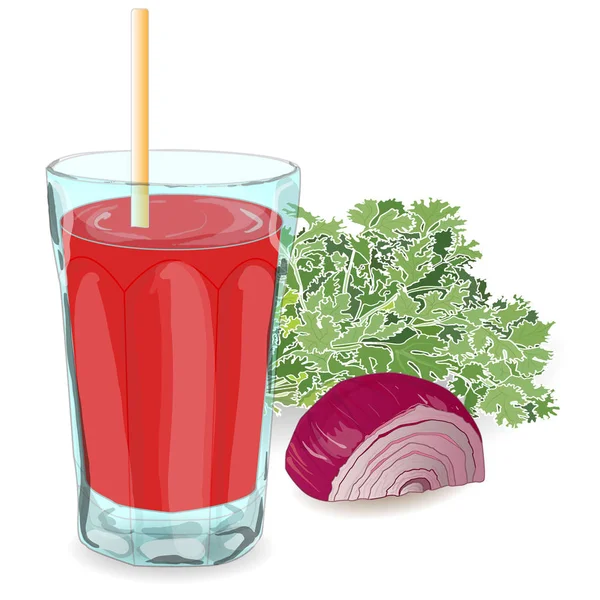 Vector fresh tomato juice. Onion. Parsley — Stock Photo, Image