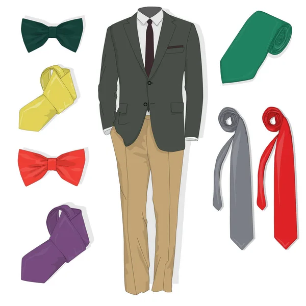 Giacca da uomo. Vestito cerimoniale da uomo, smoking. Set accessori. Ve ne sono — Vettoriale Stock