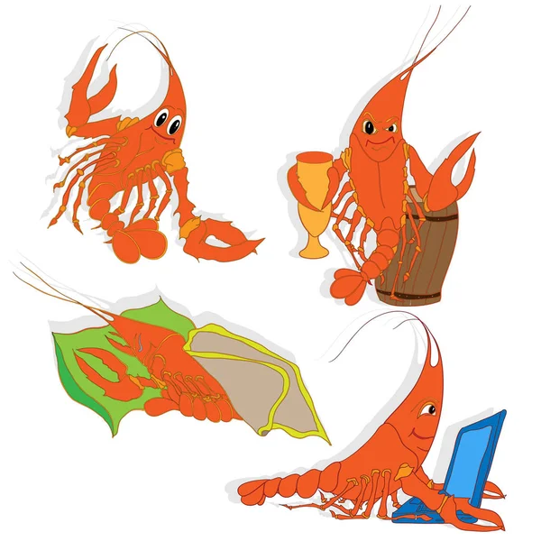 Conjunto de ilustrações de camarão. Vetor . — Vetor de Stock
