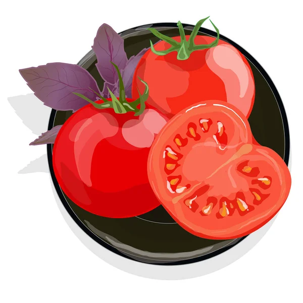 Tomaten auf schwarzem Teller mit Basilikum. — Stockfoto