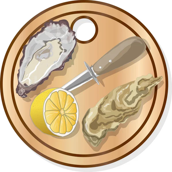 Huîtres fraîches, citron et vin isolé sur blanc — Image vectorielle