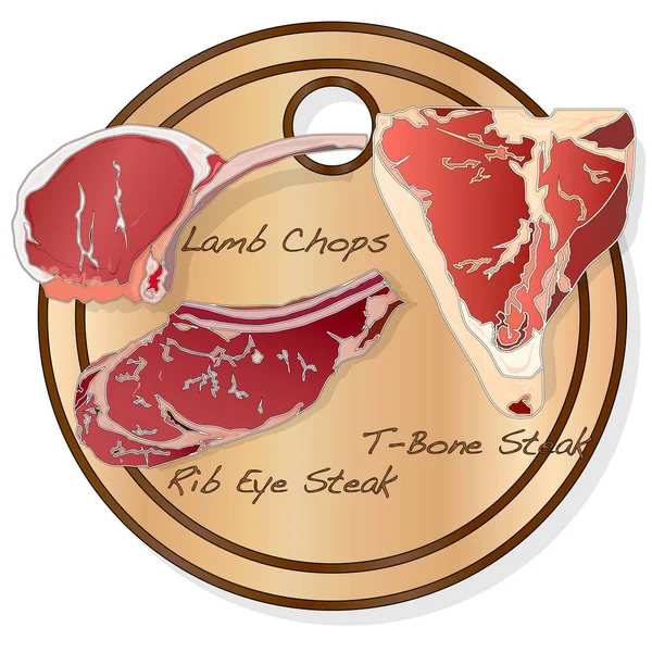 Steaks ingesteld op houten plaat — Stockfoto