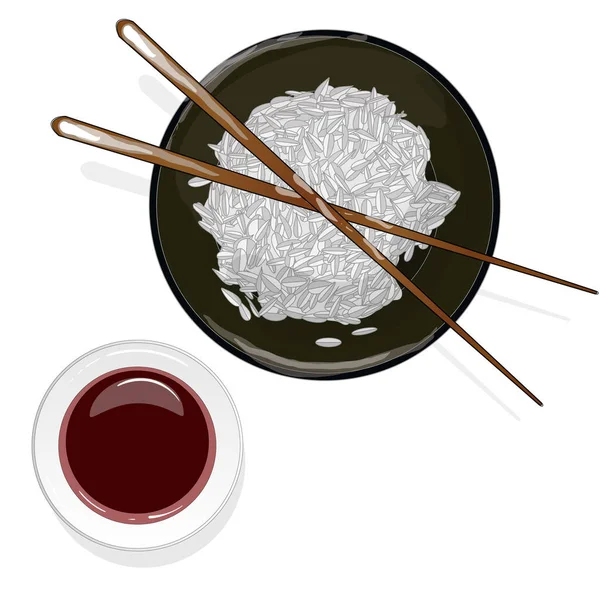 Cocina Japonesa, Ilustración de Arroz Donburi / Bowl / Copa y soja — Vector de stock