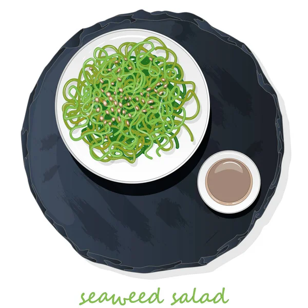 Insalata di sushi e alghe su tavola di ardesia illustrazione vettoriale . — Vettoriale Stock