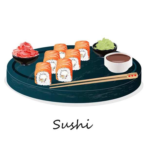 Ilustração de rolo sushi com salmão, camarão, abacate, creme ch — Vetor de Stock