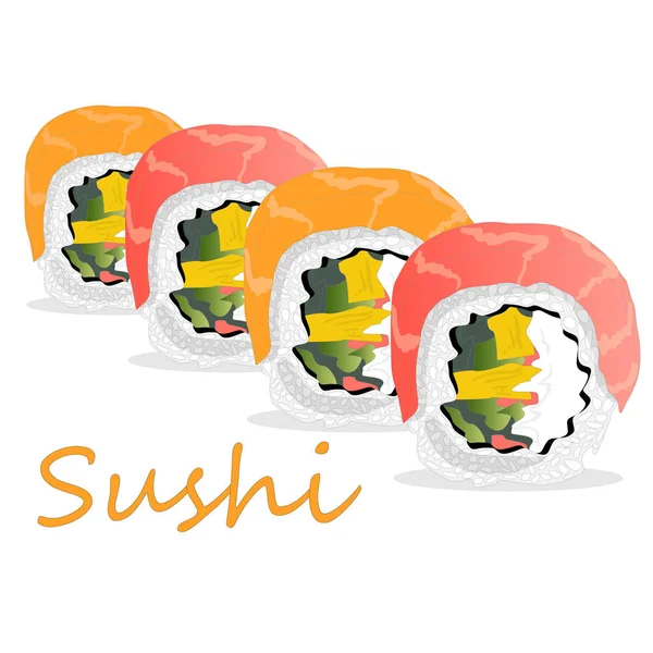 Illustration of philadelphia roll sushi with salmon, prawn, avoc — Stock Vector