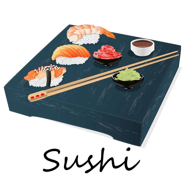 Illustration av rulla sushi med lax, räkor, avokado, grädde ch — Stock vektor