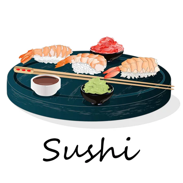 Ilustración de sushi en rollo con salmón, gambas, aguacate, nata — Vector de stock