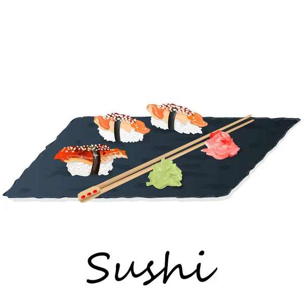 Иллюстрация ролл суши с лосося, креветки, авокадо, крем ч — стоковый вектор