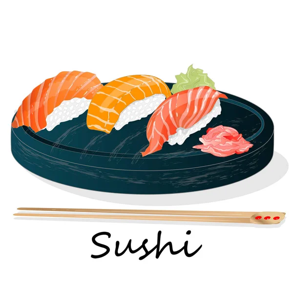 Illustration av rulla sushi med lax, räkor, avokado, grädde ch — Stock vektor