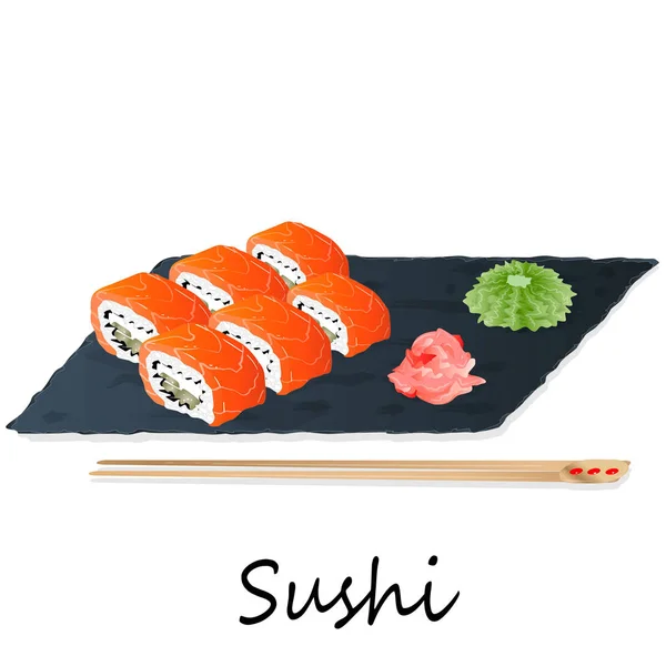 Illustration von Rollsushi mit Lachs, Garnelen, Avocado, Sahne — Stockvektor