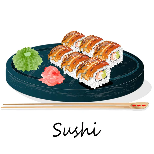 Ilustración de sushi en rollo con salmón, gambas, aguacate, nata — Vector de stock