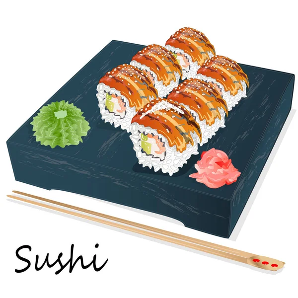 Illustration de sushis roulés au saumon, crevette, avocat, crème ch — Image vectorielle