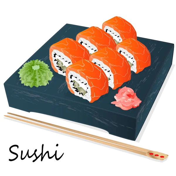 Ilustración de sushi en rollo con salmón, gambas, aguacate, nata — Vector de stock