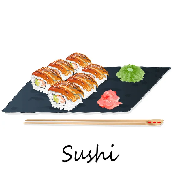 Illustration von Rollsushi mit Lachs, Garnelen, Avocado, Sahne — Stockvektor